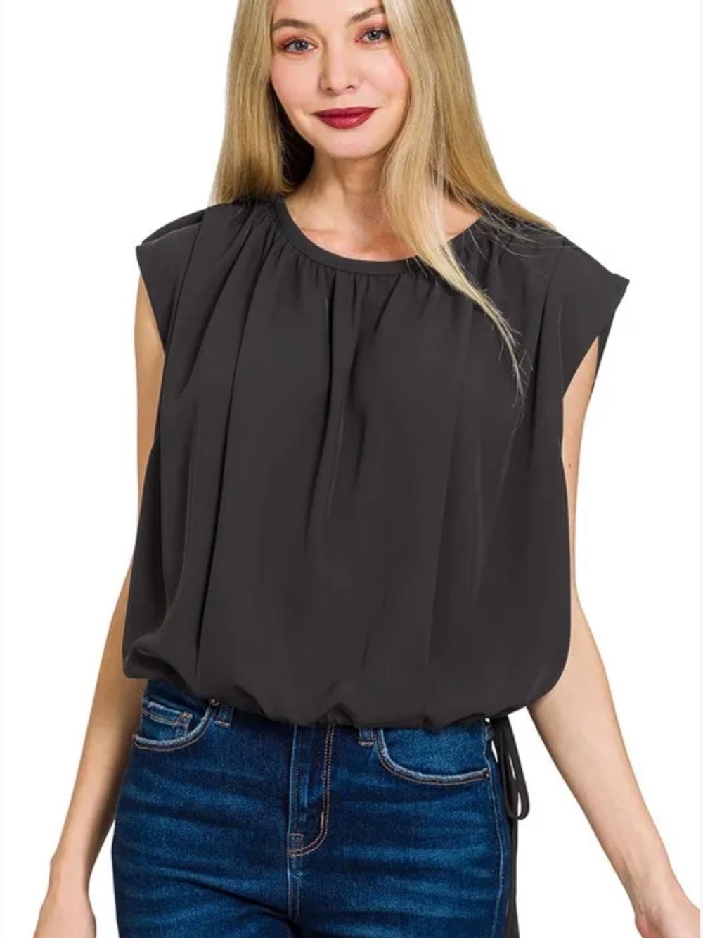#977 Zenana NWOT Women's Black Cap-Sleeve Blouse with Gathered Neck & Waist.